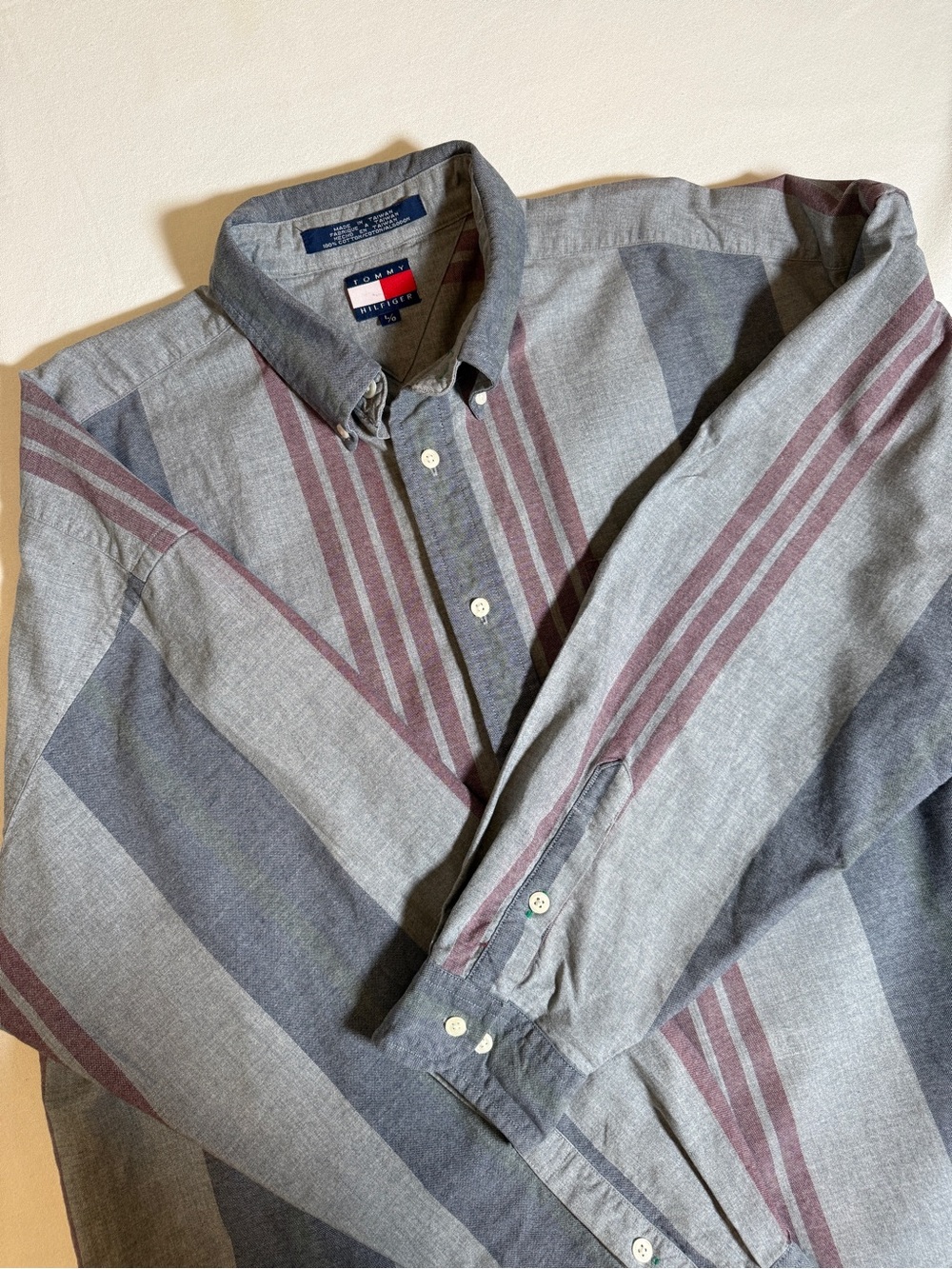 Vintage Tommy Hilfiger Button Down Shirt Gray/Burgundy Striped Men's L
